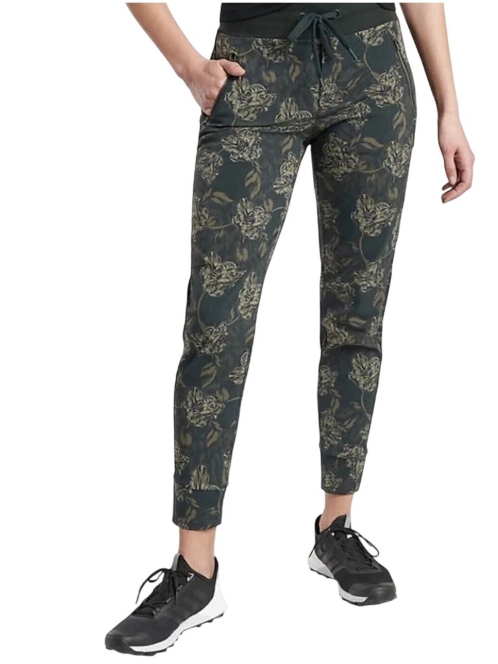 Athleta Trekkie North Floral Print Joggers Size 12 Green Black Stretch Drawstrin